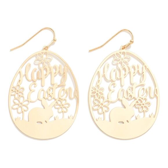 Brass Happy Easter Egg with Bunny Dangle Drop Earrings Gold - Picture 1 of 3